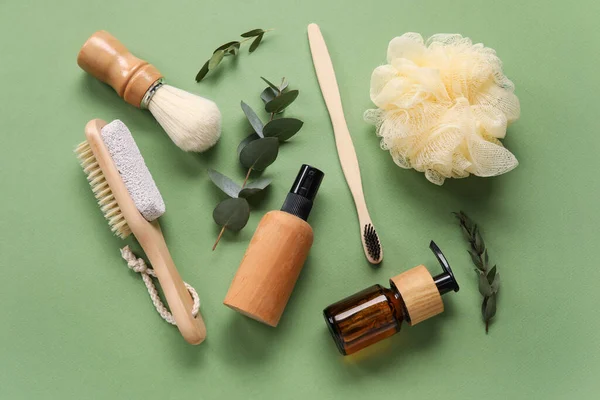 Bath Supplies Cosmetics Green Background — Stock Photo, Image