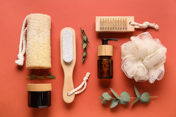 Composition Bath Supplies Cosmetics Eucalyptus Branches Color Background — Stock Photo, Image