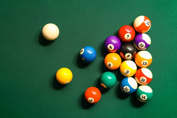 Different Billiard Balls Green Table — Stock Photo, Image