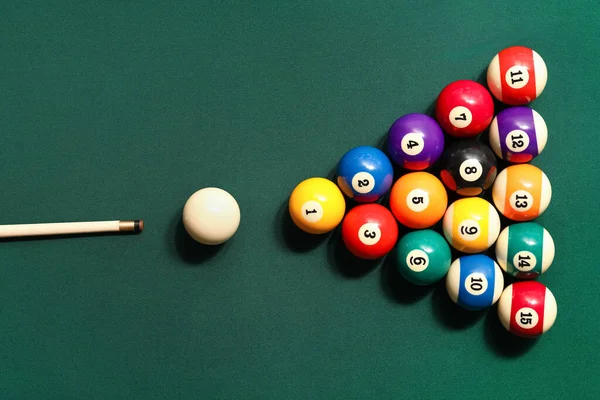 Different Billiard Balls Cue Green Table — Stock Photo, Image