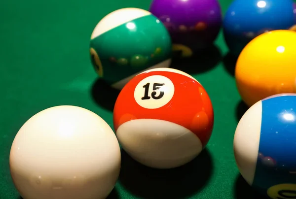 Different Billiard Balls Green Table — Stock Photo, Image