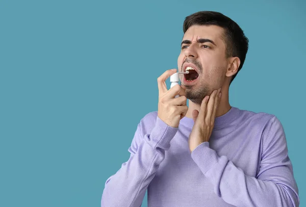 Ill Young Man Inhaler Blue Background — Stock Photo, Image