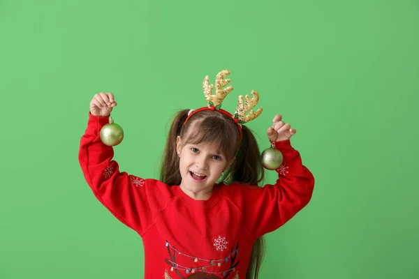 Funny Little Girl Reindeer Horns Christmas Balls Color Background — Stock Photo, Image