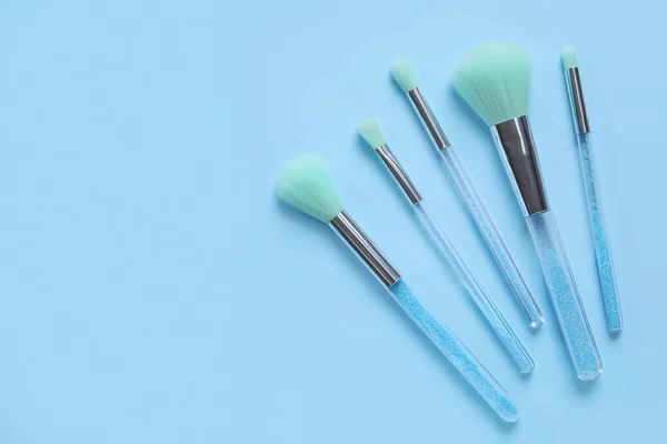 Different Makeup Brushes Blue Background — Stock Photo, Image