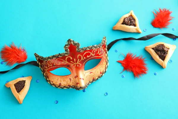 Carnival Mask Hamantaschen Cookies Purim Holiday Color Background — Stock Photo, Image