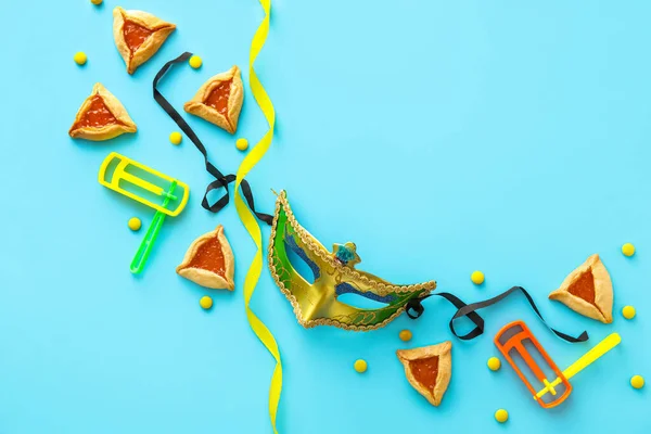 Carnival Mask Hamantaschen Cookies Rattles Purim Holiday Color Background — Stock Photo, Image