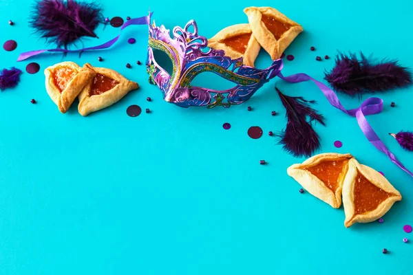 Máscara Carnaval Biscoitos Hamantaschen Para Férias Purim Fundo Cor — Fotografia de Stock