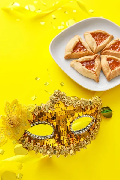 Karneval Maska Hamantaschen Cookies Pro Purim Dovolenou Barevném Pozadí — Stock fotografie