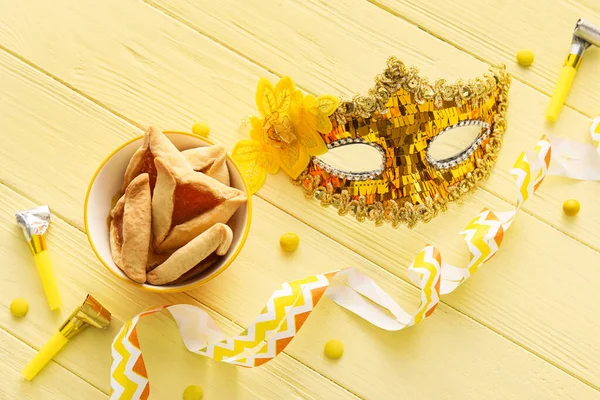 Karneval Maska Hamantaschen Cookies Pro Purim Dovolenou Party Foukače Barevném — Stock fotografie
