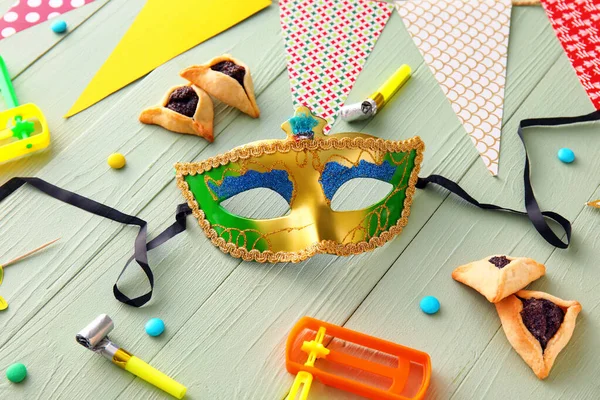 Máscara Carnaval Galletas Hamantaschen Con Sonajero Para Vacaciones Purim Decoración —  Fotos de Stock