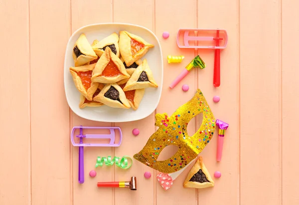 Carnival Mask Hamantaschen Cookies Rattles Purim Holiday Color Wooden Background — Stock Photo, Image