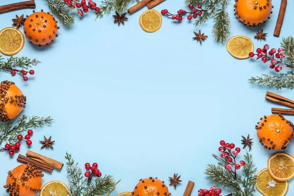 Frame Made Tangerines Cloves Blue Background — Stock Photo, Image