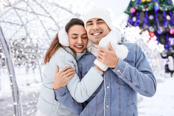 Pair Sweethearts Hugging Snowy Winter Day — Stock Photo, Image