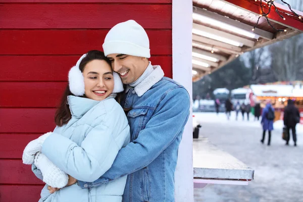 Pair Sweethearts Hugging Winter Day — Stock Photo, Image
