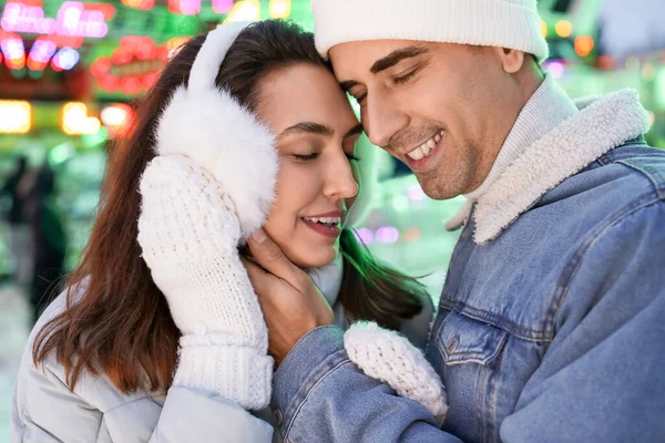 Loving Couple Amusement Park Winter Night Closeup — Stock Photo, Image