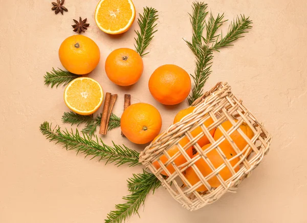 Wicker Basket Fresh Oranges Fir Branches Beige Background — Stock Photo, Image