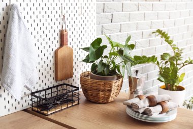 Ev bitkileriyle tezgah ve gri tuğla duvarın yanında mutfak gereçleri olan tahta tezgah.