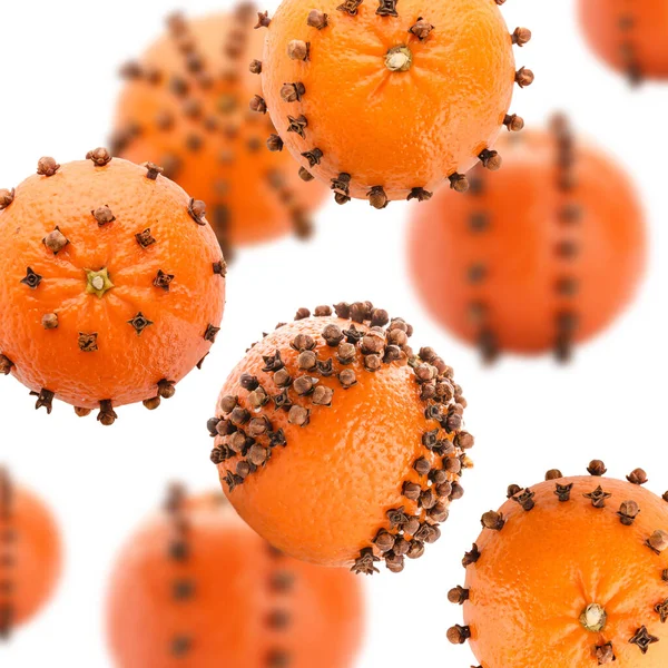 Flying Orange Pomander Balls White Background — Stock Photo, Image