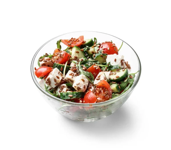 Tigela Com Saborosa Salada Legumes Saudável Fundo Branco — Fotografia de Stock