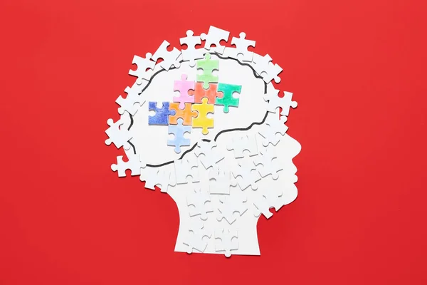 Paper Human Head Different Puzzle Pieces Color Background Concept Autistic — Stock Photo, Image