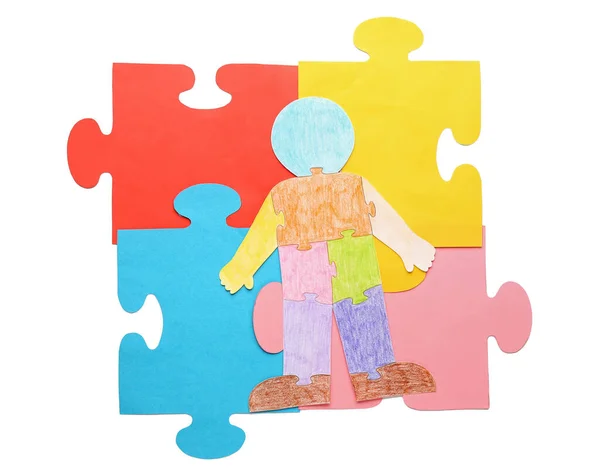 Figura Umana Colorata Pezzi Puzzle Sfondo Bianco Concetto Disturbo Autistico — Foto Stock