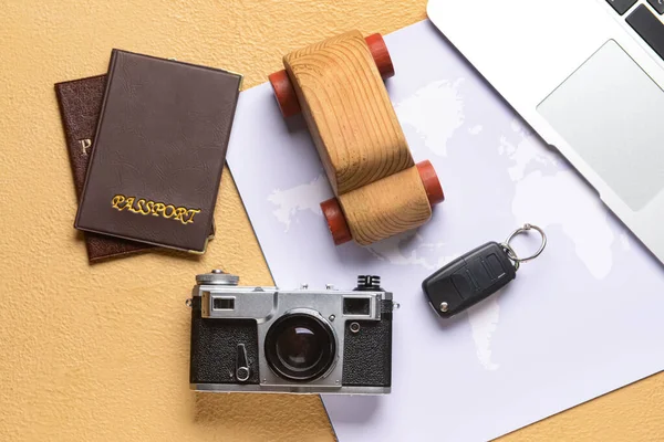 Wooden Car Key Photo Camera Passports Map Beige Background — Stock Photo, Image