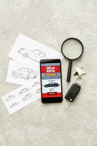 Mobile Phone Open Car Rent App Magnifier Key Drawn Automobiles — Stock Photo, Image