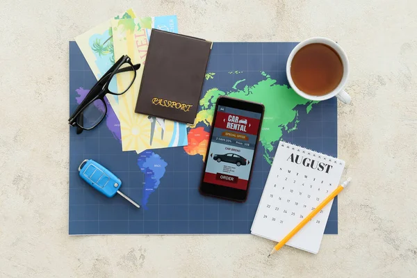 Mobile Phone Open Car Rent App Passport Calendar Eyeglasses Cup — Stock Photo, Image