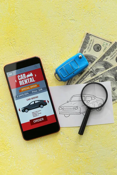 Κινητό Τηλέφωνο Ανοιχτή Εφαρμογή Ενοικίασης Αυτοκινήτων Κληρωτά Αυτόματα Χρήματα Και — Φωτογραφία Αρχείου