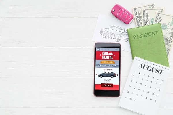 Mobile Phone Open Car Rent App Drawn Auto Key Passport — Stock Photo, Image