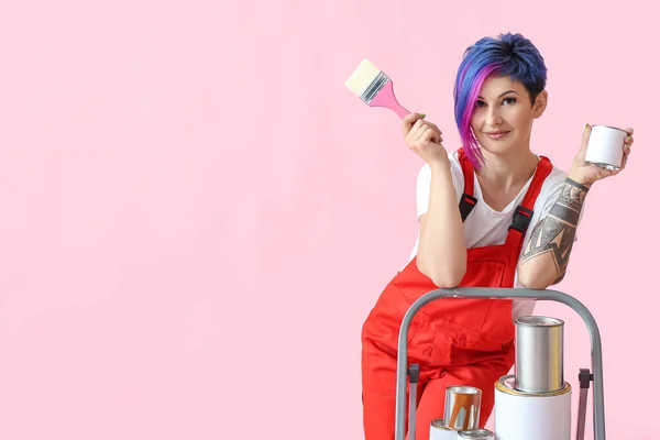 Female Painter Brush Ladder Cans Pink Background — Stock Photo, Image