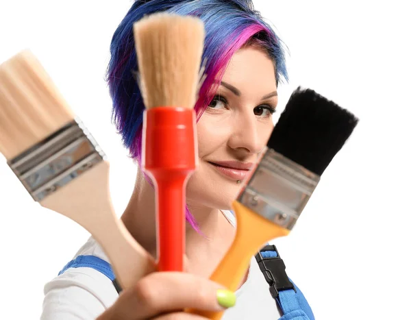 Female Painter Bright Hair Brushes White Background — Stock Photo, Image