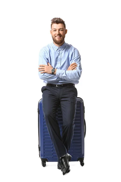Schöner Geschäftsmann Mit Blauem Koffer Auf Weißem Hintergrund — Stockfoto