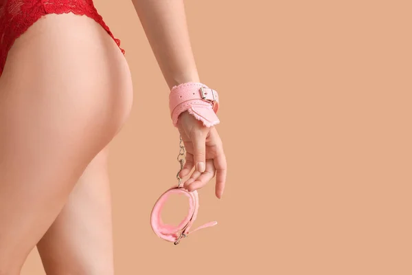 Young Woman Erotic Lingerie Handcuffs Color Background — Stock Photo, Image