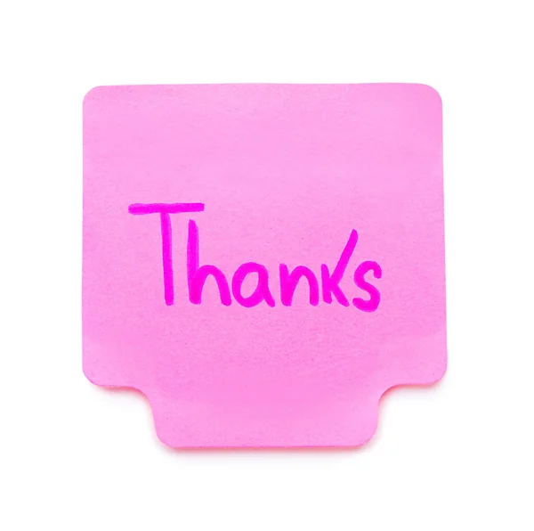 Pink Sticky Note Word Thanks White Background — Stock Photo, Image