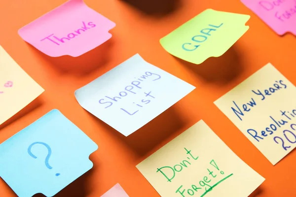 Different Sticky Notes Red Background Closeup — Stock Photo, Image