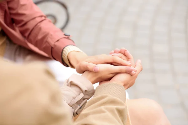 Man Two Beautiful Women Holding Hands Outdoors Polyamory Concept — Stock Photo, Image