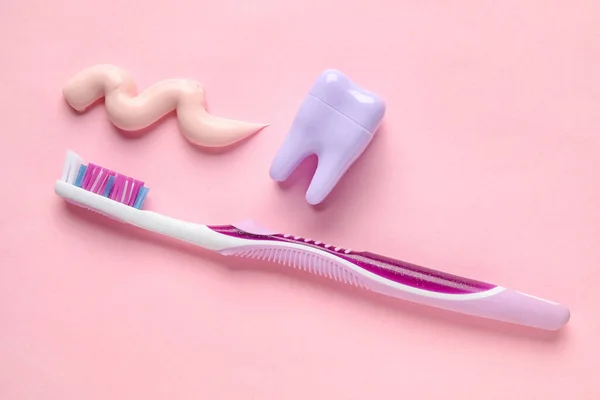 Sample Paste Plastic Tooth Brush Pink Background — Stock Photo, Image