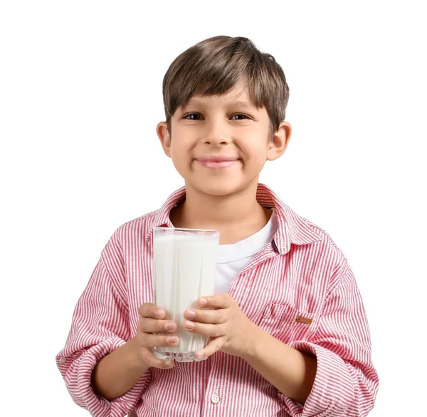 Kleine Jongen Met Glas Melk Witte Achtergrond — Stockfoto