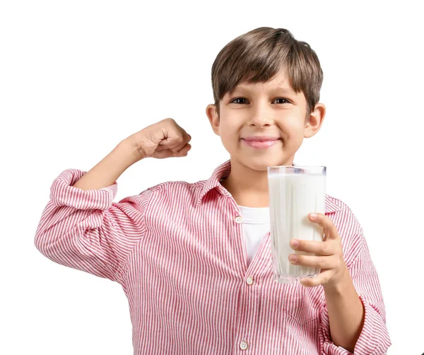 Ragazzino Con Bicchiere Latte Sfondo Bianco — Foto Stock