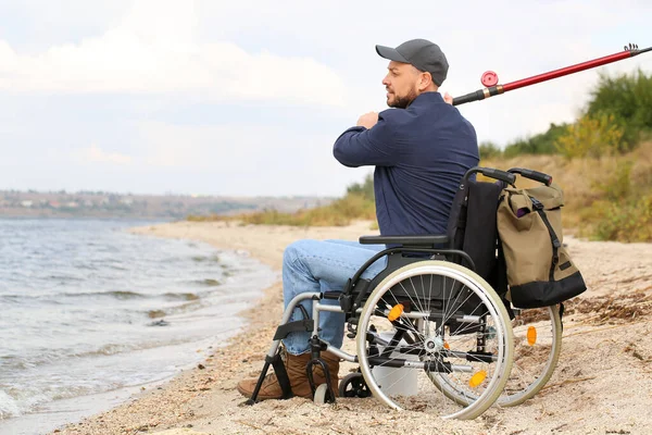 Man Wheelchair Fishing River — Stock Photo, Image