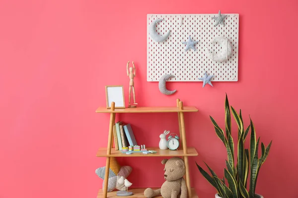 Shelving Unit Toys Houseplant Pegboard Hanging Pink Wall — Stock Photo, Image