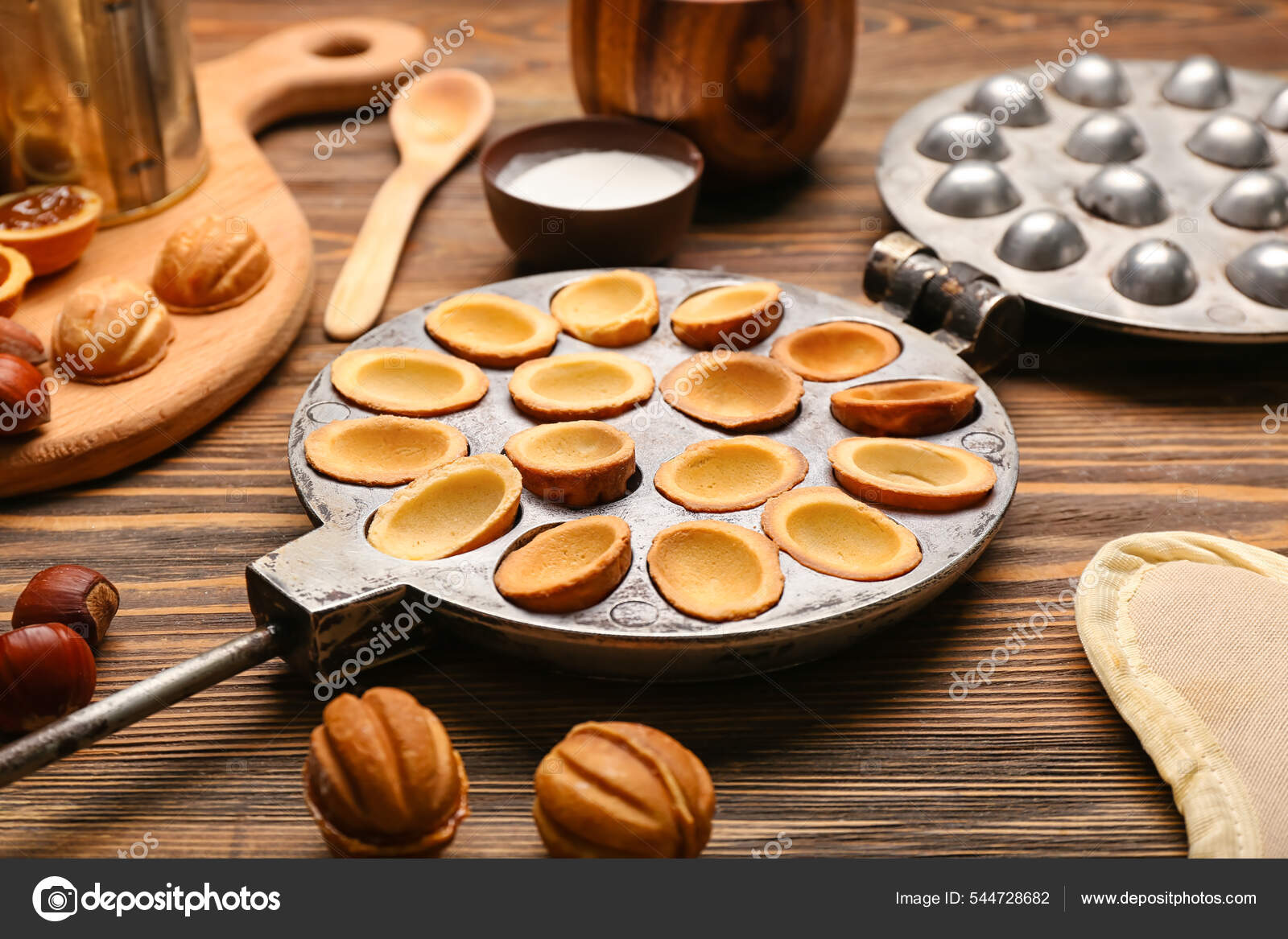 Walnut Cookie Mold Maker Wooden Background Stock Photo by