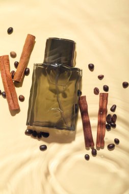 Erkekler için bir şişe parfüm, kahve çekirdekleri ve renkli arkaplanda tarçın.