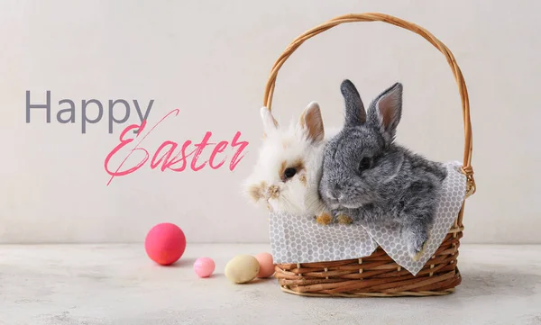 Beautiful Greeting Card Happy Easter Cute Rabbits Eggs — Stock Photo, Image