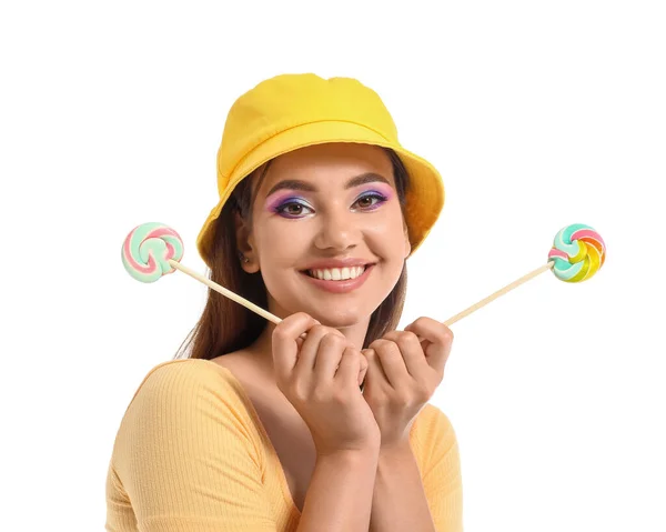 Young Woman Bucket Hat Lollipops White Background — Stock Photo, Image