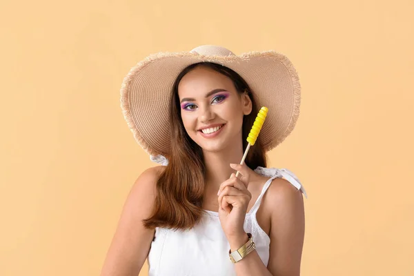 Beautiful Young Woman Hat Sweet Lollipop Beige Background — Stock Photo, Image