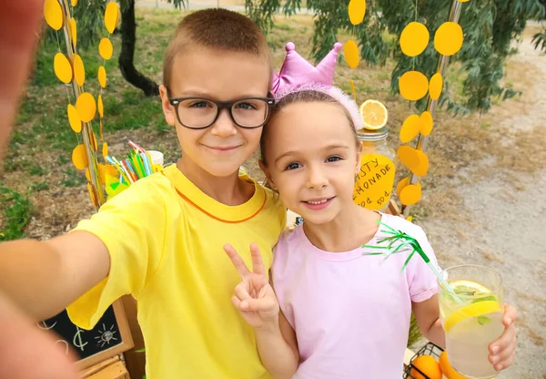 Lindos Niños Tomando Selfie Cerca Puesto Limonada Parque — Foto de Stock