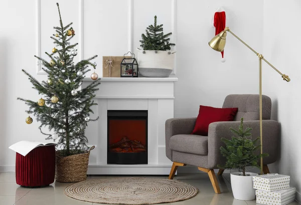 Interior Living Room Fireplace Christmas Trees Armchair White Wall — Stock Photo, Image