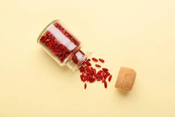 Jar Dried Barberries Yellow Background — Stock Photo, Image